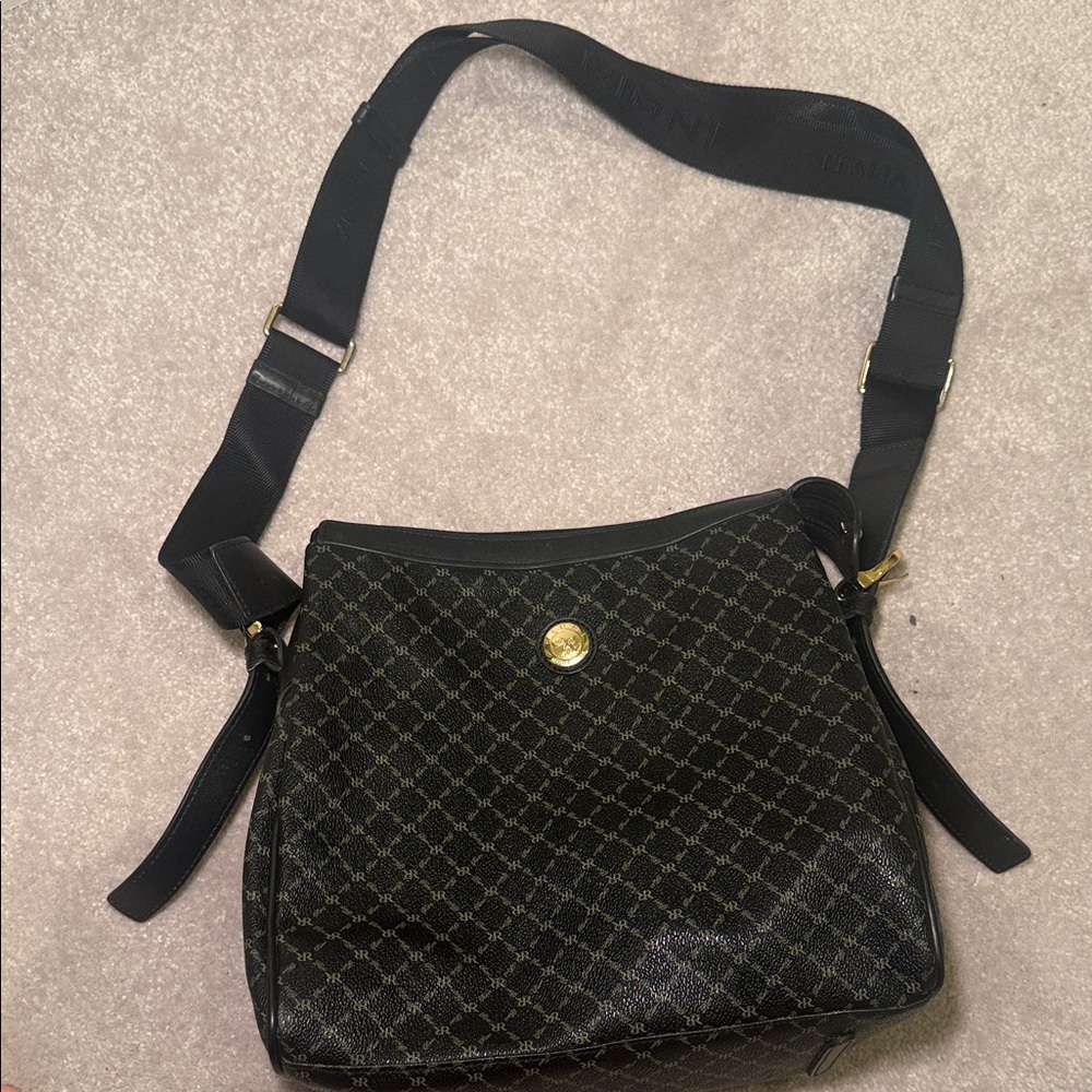 Rioni Black Monogram Crossbody Bag with Gold Hardware